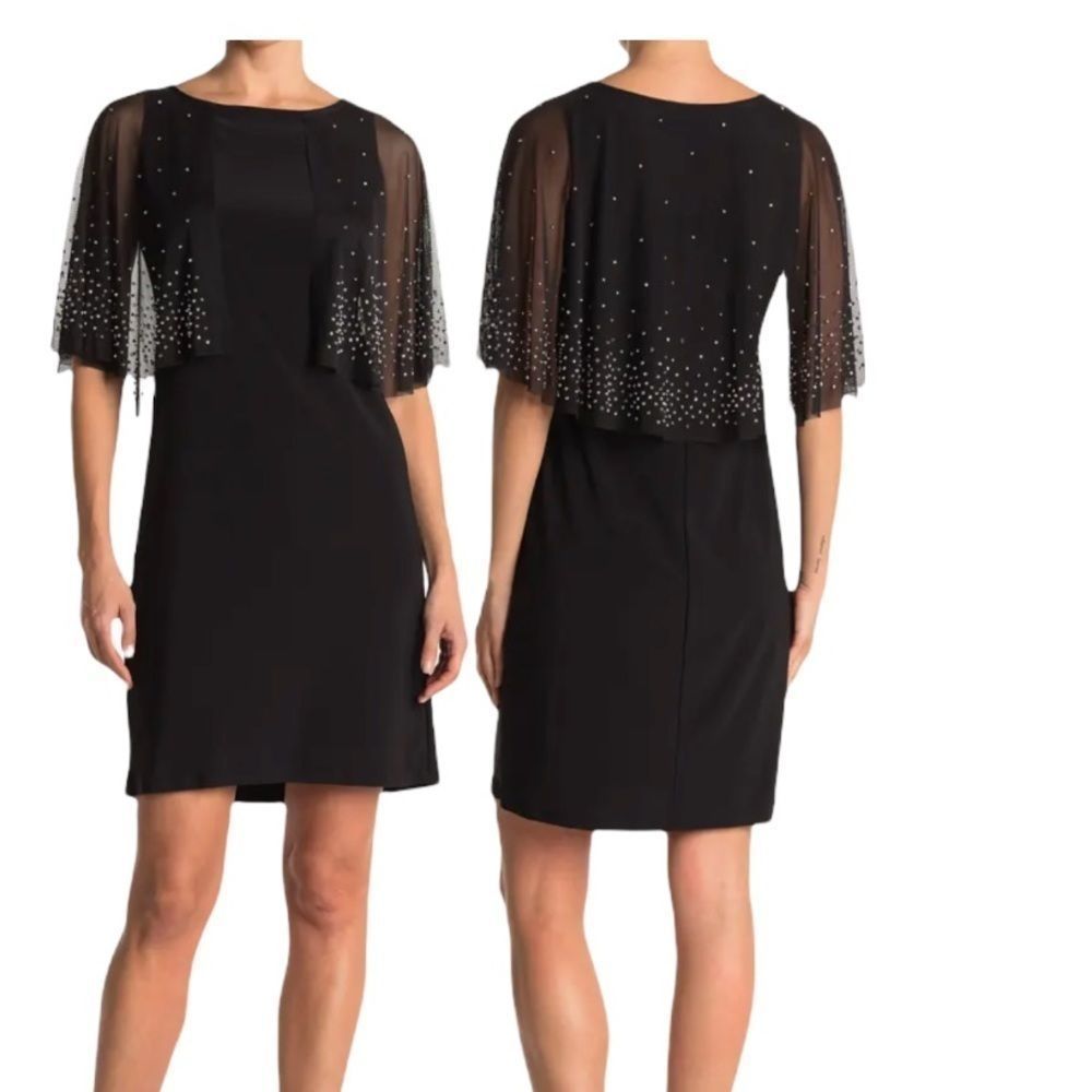 🆕 MARINA 8 BLACK Beaded Capelet Sheath Dress In Black NWT